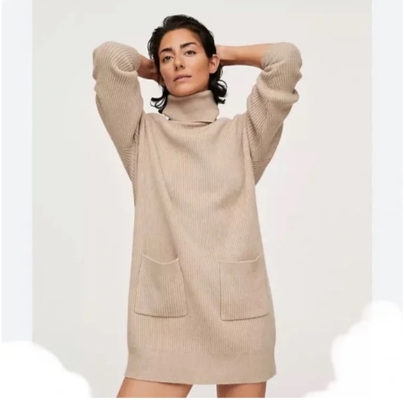 MNG Tunic Turtleneck Sweater Dress Mango Small Pockets Ribbed Knit Academia - Picture 1 of 10